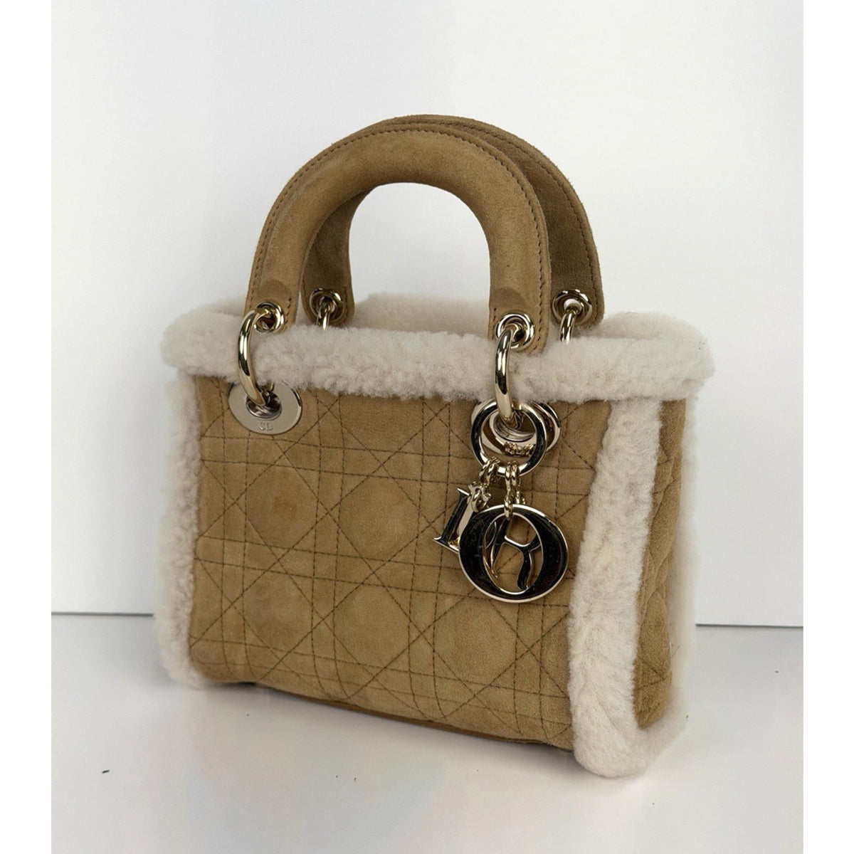 Christian Dior Mini Lady Dior Handbag Beige Cannage Suede with Shearling 2025 F3