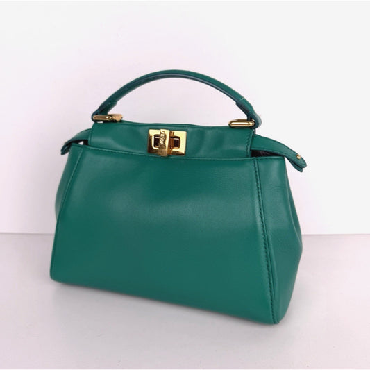 Fendi Peekaboo Handbag Mini in Emerald Green Leather & Gold Hardware S-07