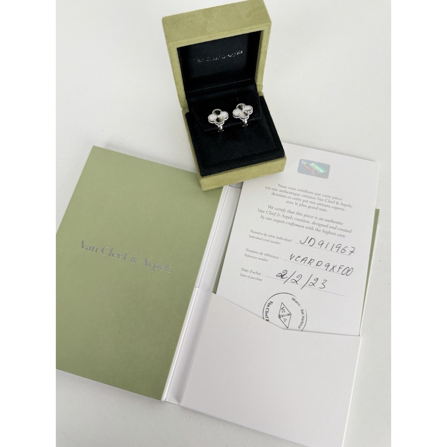 Van Cleef & Arpels Guilloche Alhambra Clover Earrings in 18k White Gold