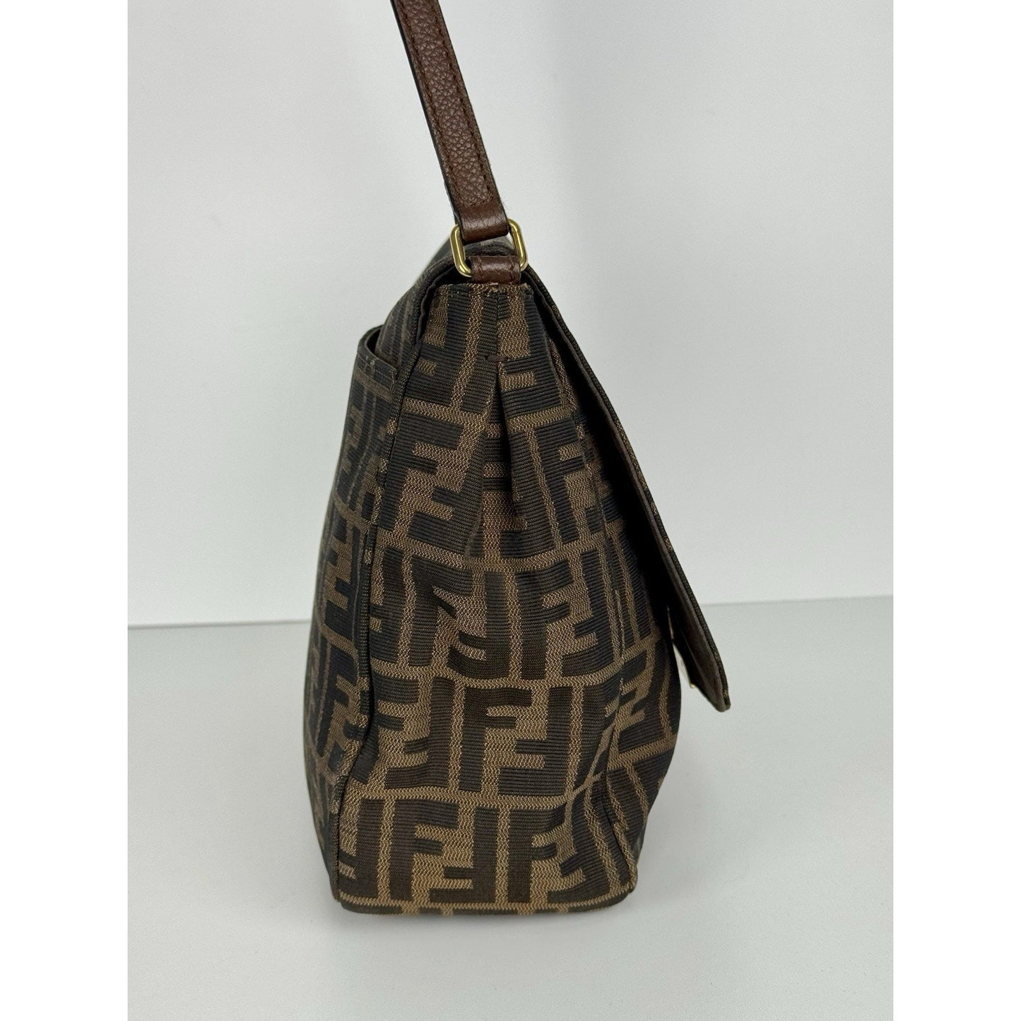 Fendi Tobacco Zucca Canvas Flap Crossbody Bag with Gold Hardware D-1