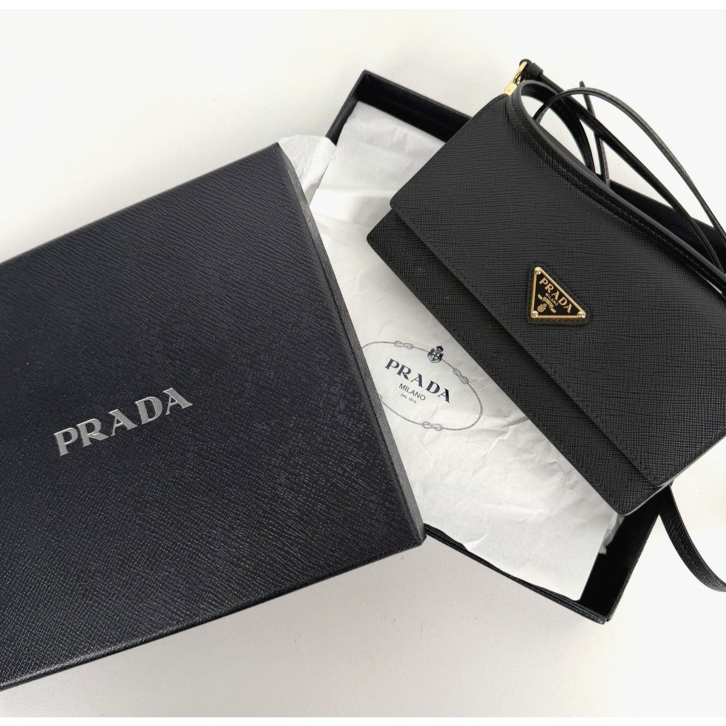 Prada Mini Signature Logo Crossbody Bag in Black Saffiano Leather S10