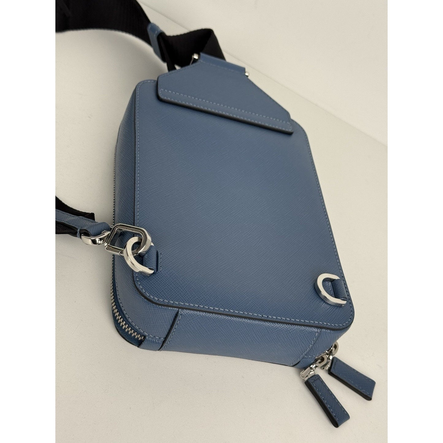 Prada Saffiano Leather Brique Crossbody Messenger Bag Bluette