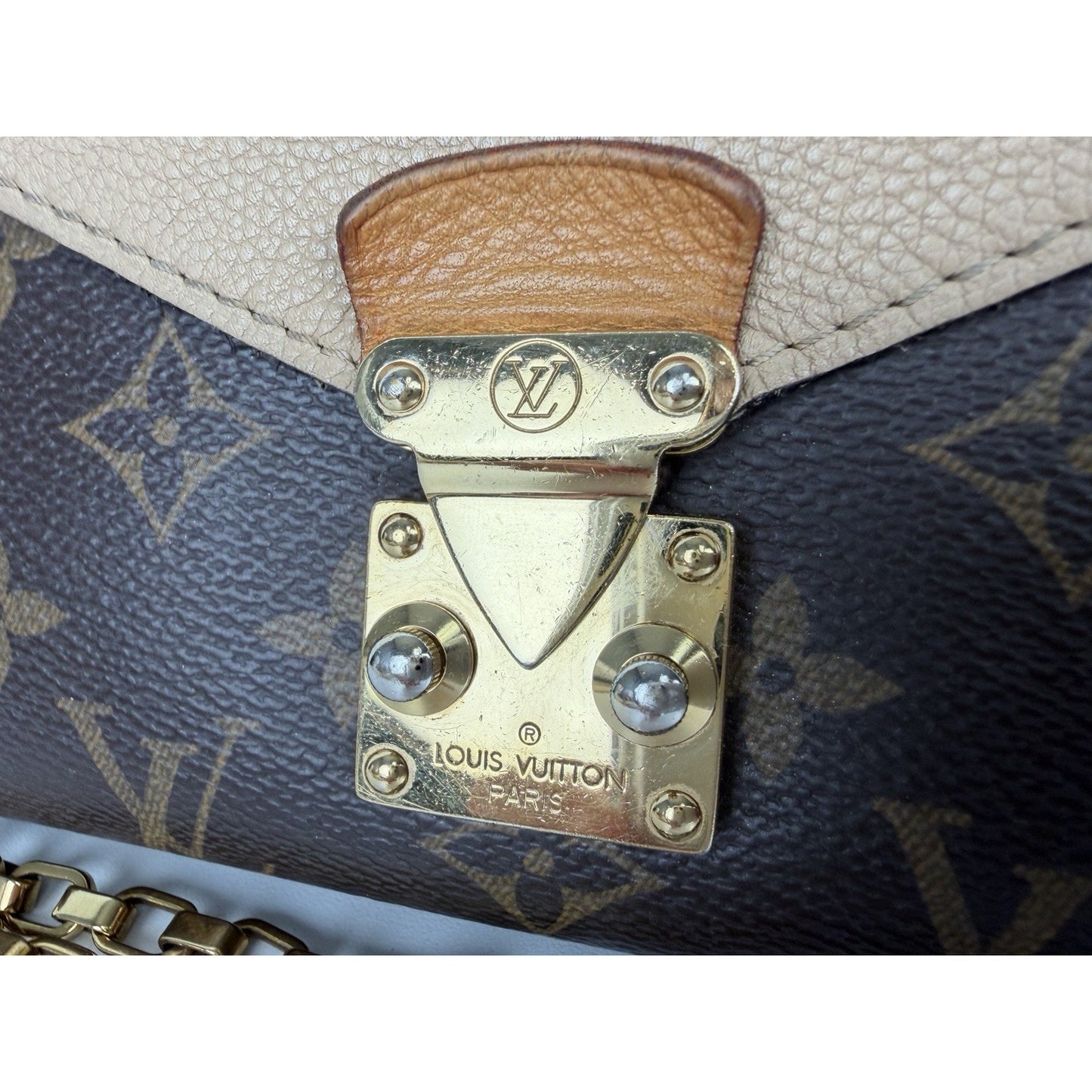 Louis Vuitton Pallas Chain Bag Beige Leather & Brown LV Monogram Canvas 2015 S05