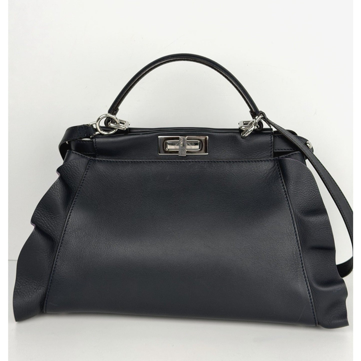 Fendi Ruffle Peekaboo By The Way Tote Bag Regular in Navy Blue Leather S-18