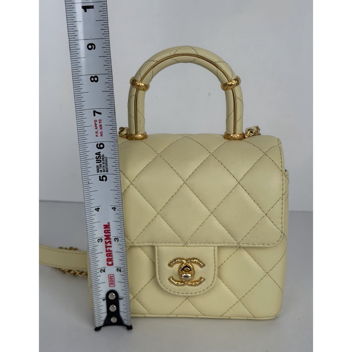 Chanel Crush Top Handle Mini Flap Bag in Pale Yellow or Ivory Leather D5