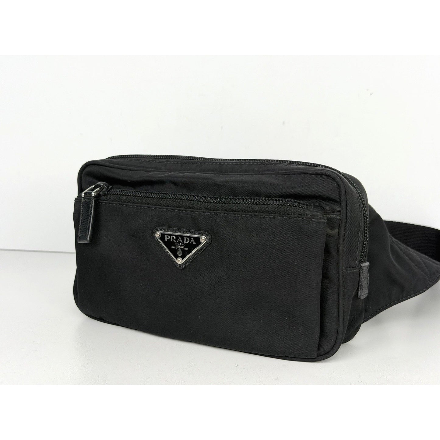 Prada Tessuto Nylon Belt Bag in Black with a Front Zippered Pocket S07