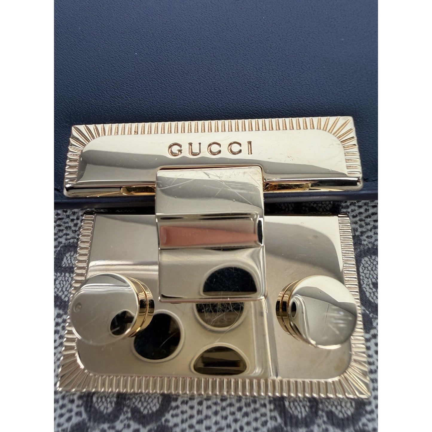 Gucci GG Padlock Mini Shoulder Bag Black Leather Top Flag & Canvas Body S15
