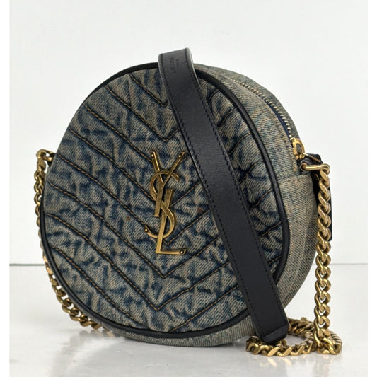 Saint Laurent Vinyle Round Camera Crossbody Bag in Rodeo Blue Denim F2