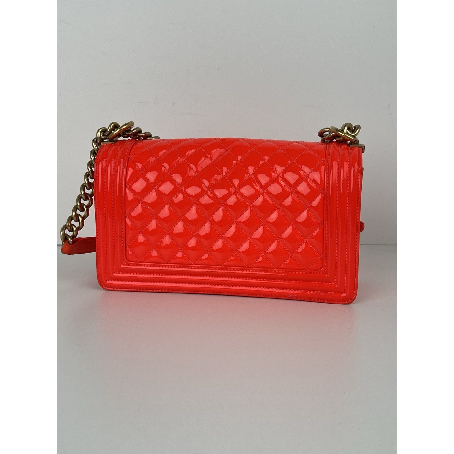 CHANEL Patent Quilted Medium Boy Flap Orange Shoulder Bag (2015-2016)
