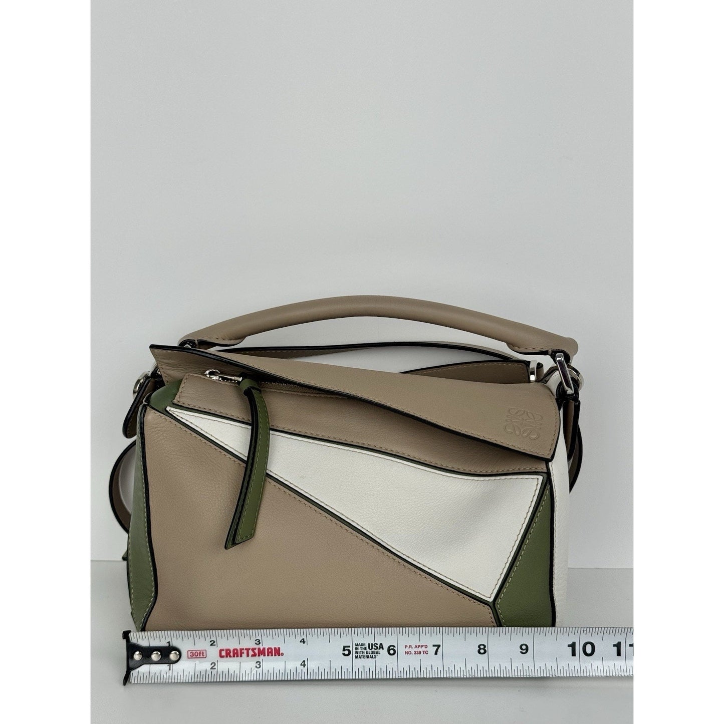 Loewe Puzzle Bag in Beige Green White Leather with Silver Hardware Shoulder Bag