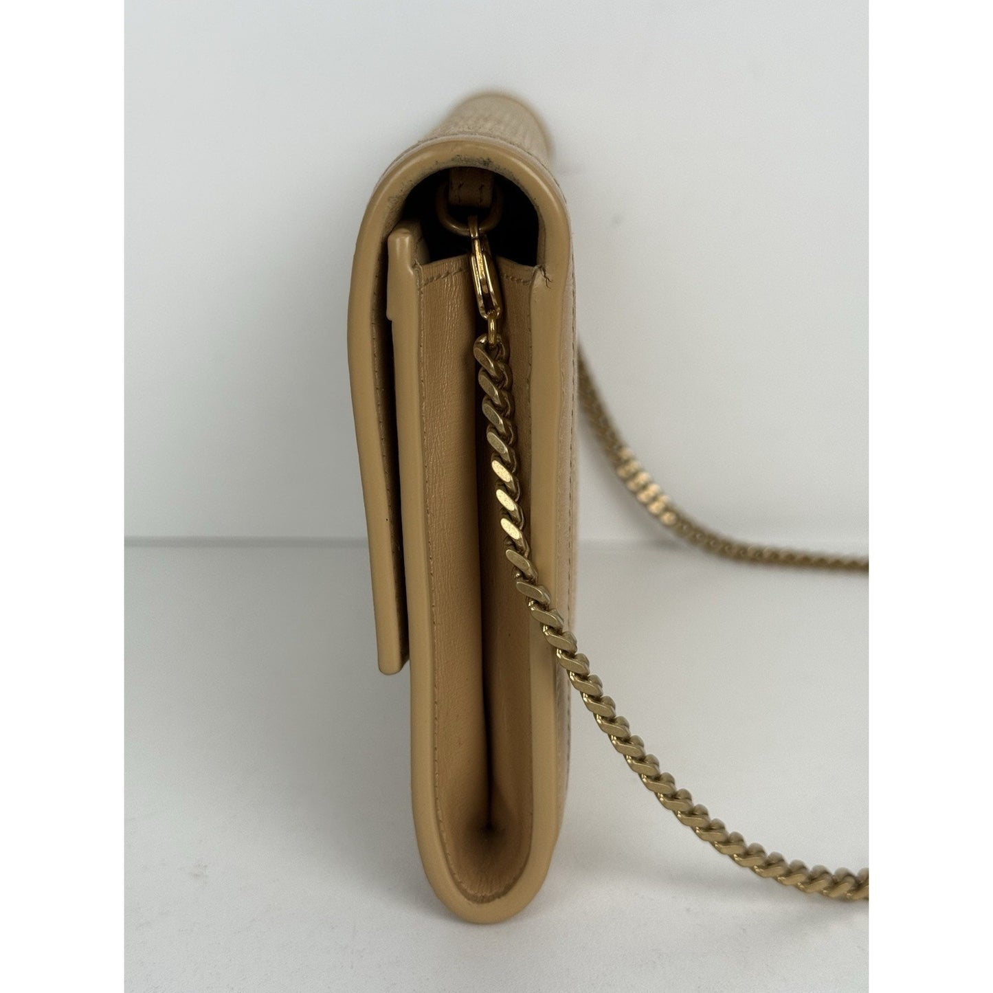 Saint Laurent Micro Raffia Monogram Uptown Chain Wallet – Natural Hay Blush