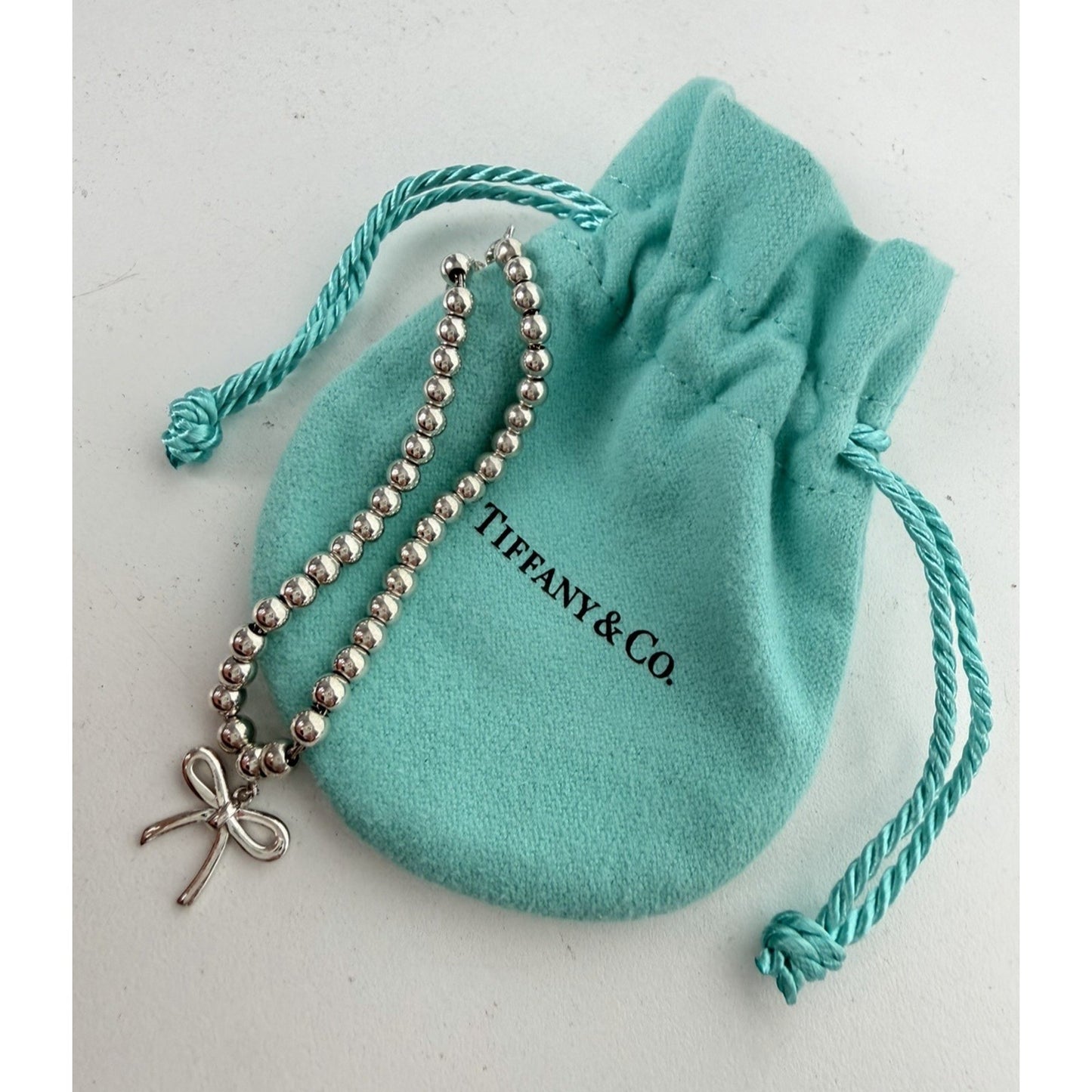 Tiffany & Co. Sterling Silver Bow Charm Beaded Bracelet