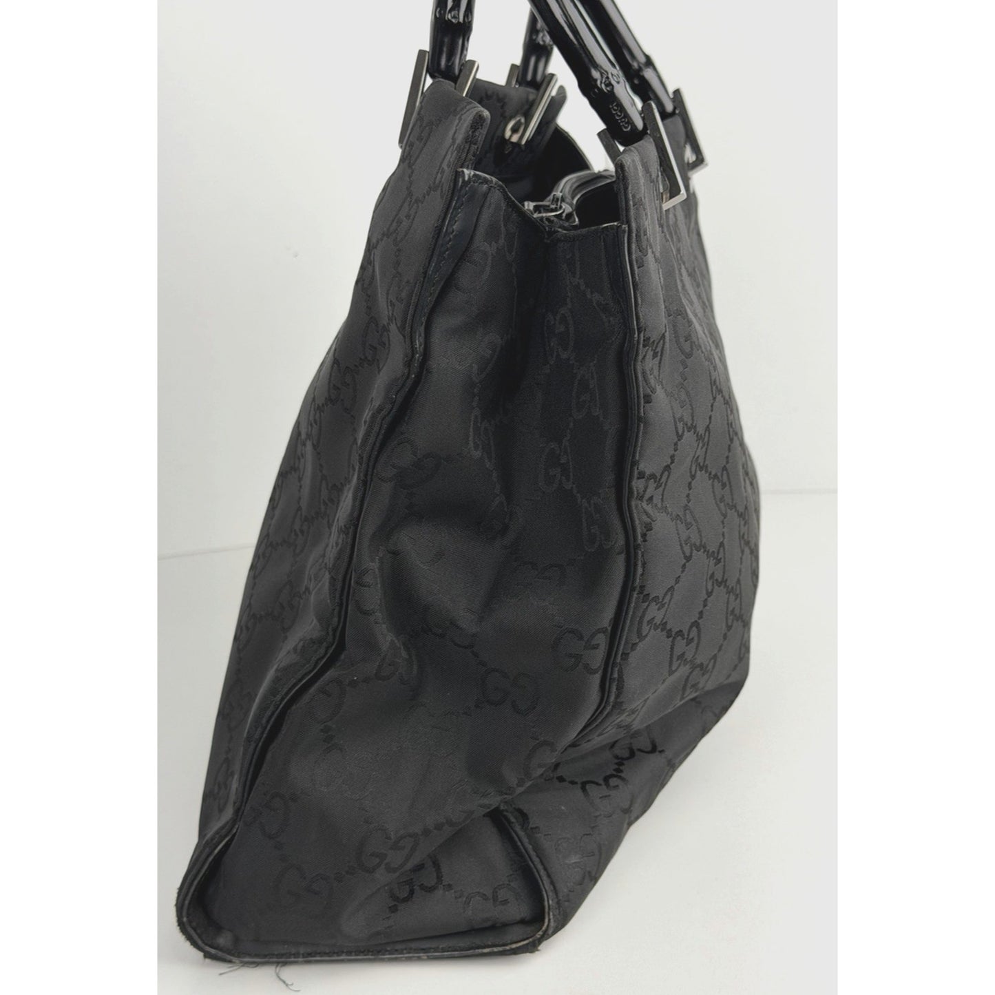 Gucci GG Bamboo Tote Bag Medium Vintage Shopper Sleek Black Monogram Nylon S15