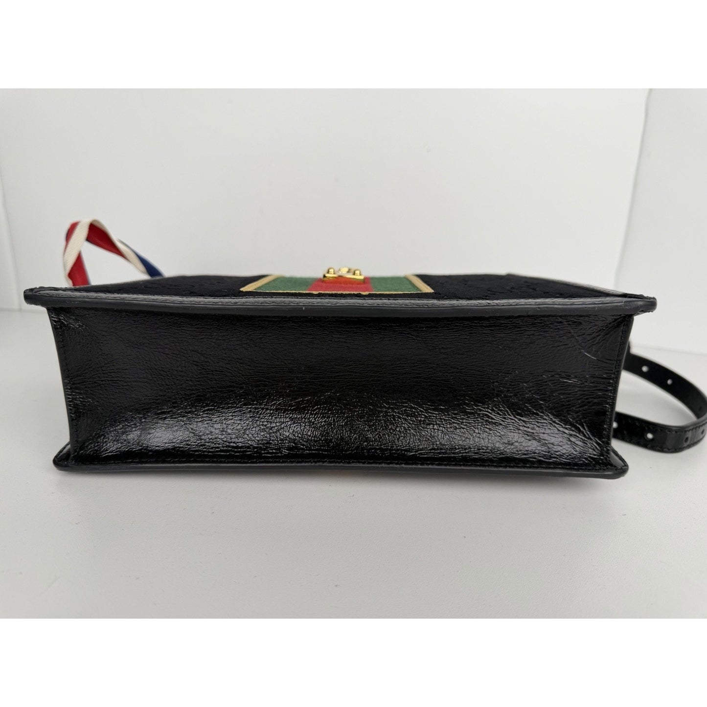 Gucci Sylvie Small Crossbody Bag in Black GG Velvet with Web S08