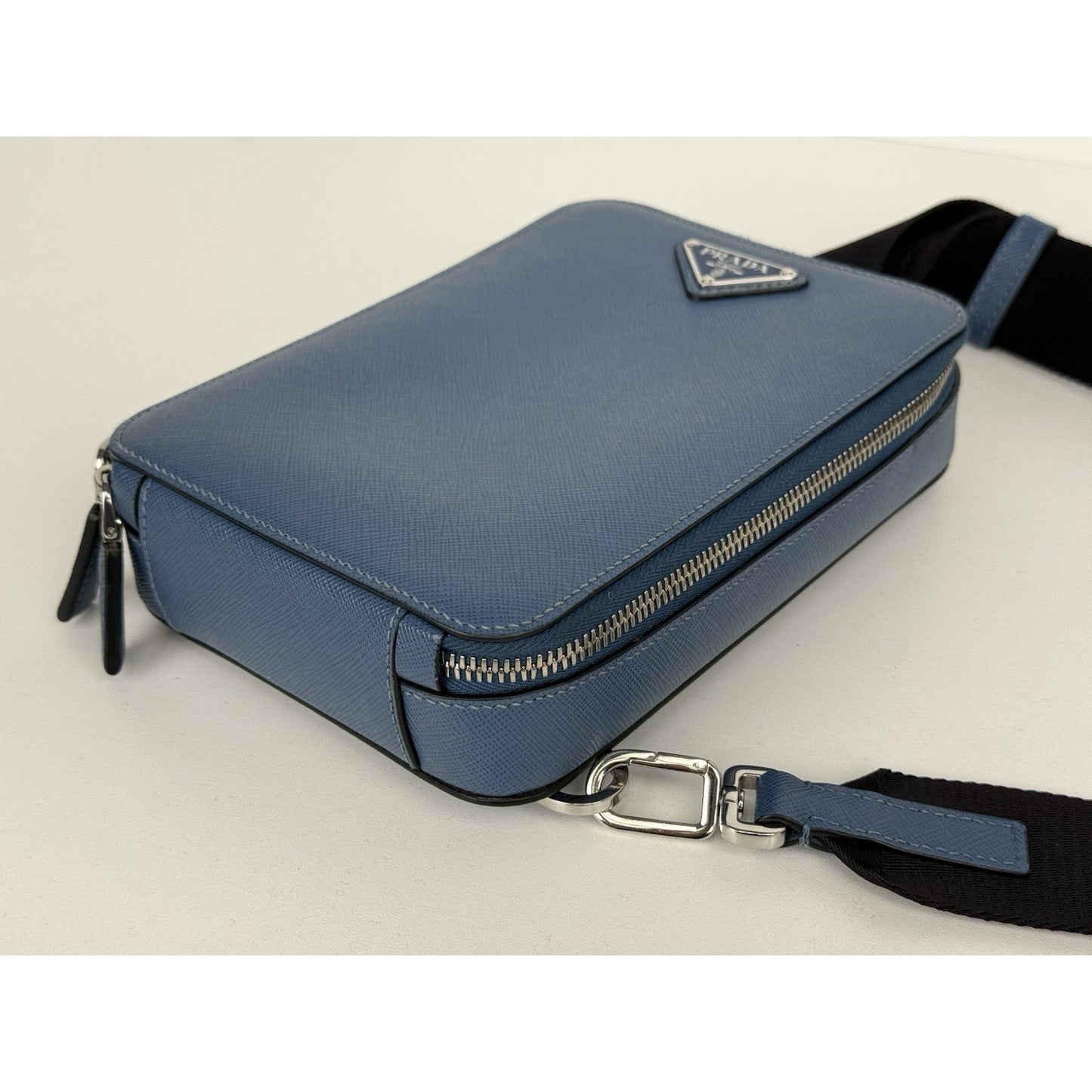 Prada Saffiano Leather Brique Crossbody Messenger Bag Bluette