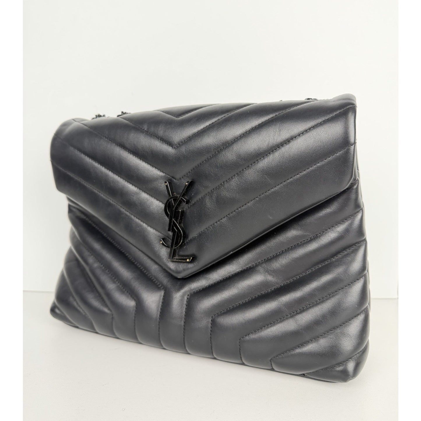 Saint Laurent Loulou Shoulder Bag Medium in Black Quilted Chevron Leather B-1