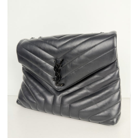Saint Laurent Loulou Shoulder Bag Medium in Black Quilted Chevron Leather B-1