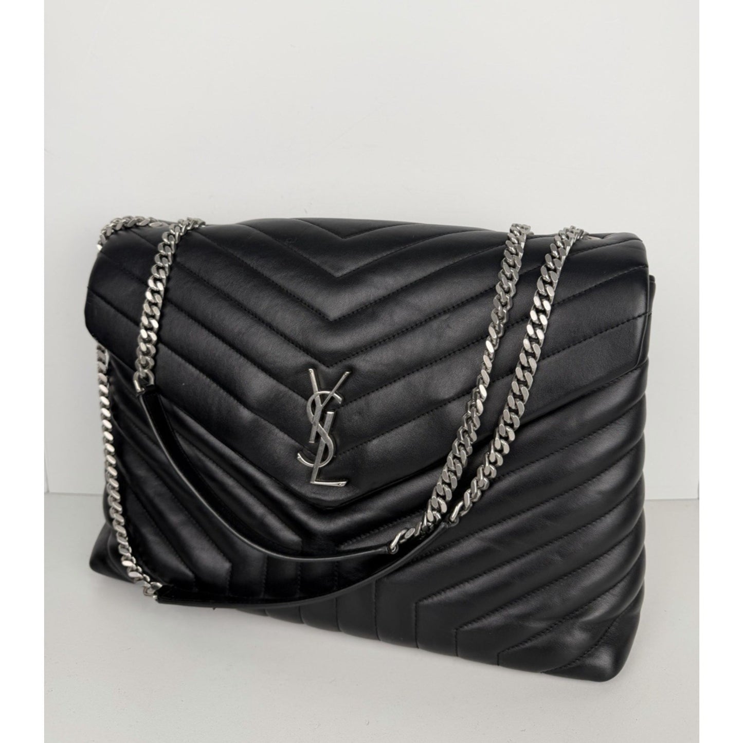 Saint Laurent Loulou Shoulder Bag Large Black Quilted Leather Silver Hardware B2