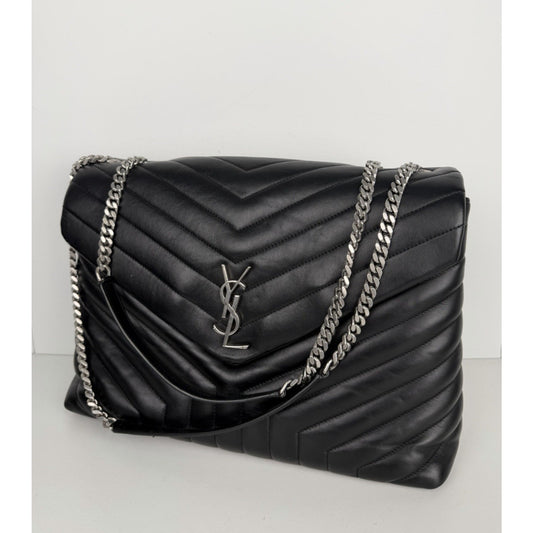 Saint Laurent Loulou Shoulder Bag Large Black Quilted Leather Silver Hardware B2