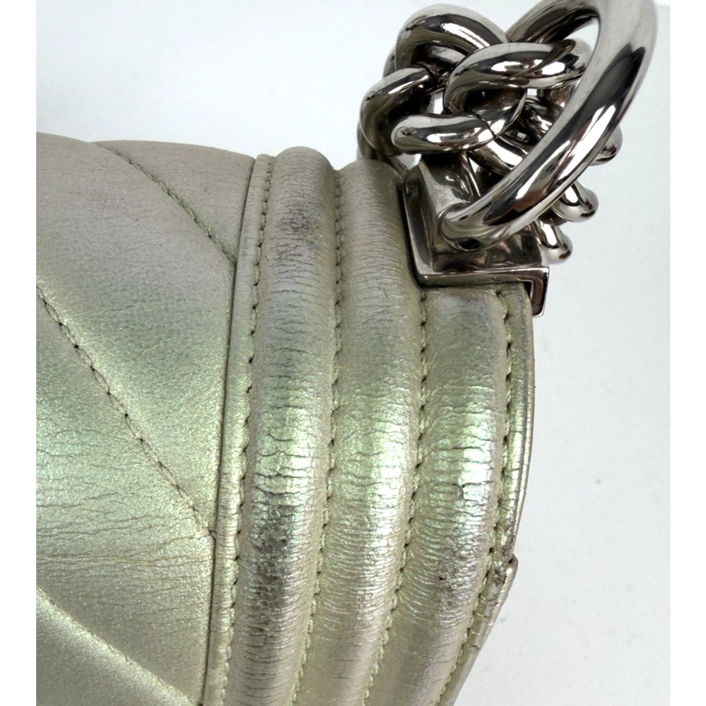 Chanel Old Medium Boy Bag in Iridescent Green Chevron Lambskin 2017 D1