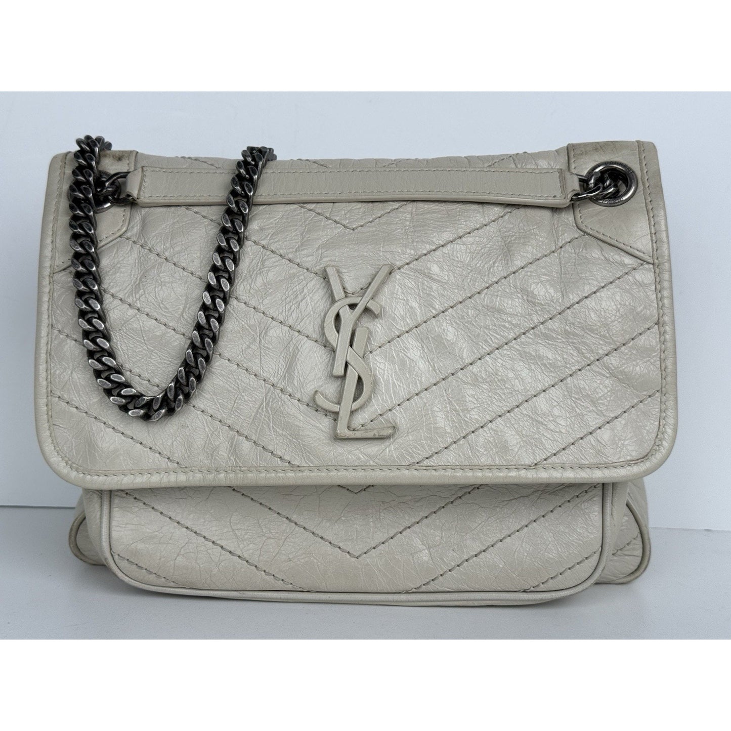 Saint Laurent Niki Medium Chain Satchel Crinkled Calfskin Matelassé Crema Soft