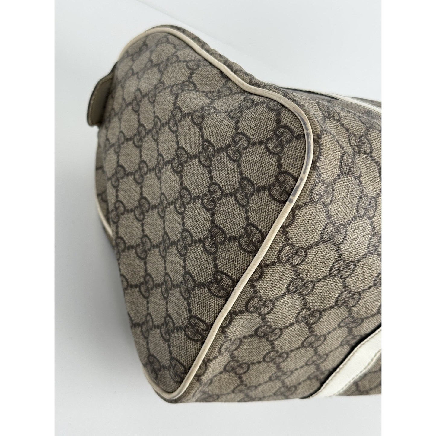 Gucci GG Supreme Medium Joy Boston Bag Brown Canvas White Leather Trim