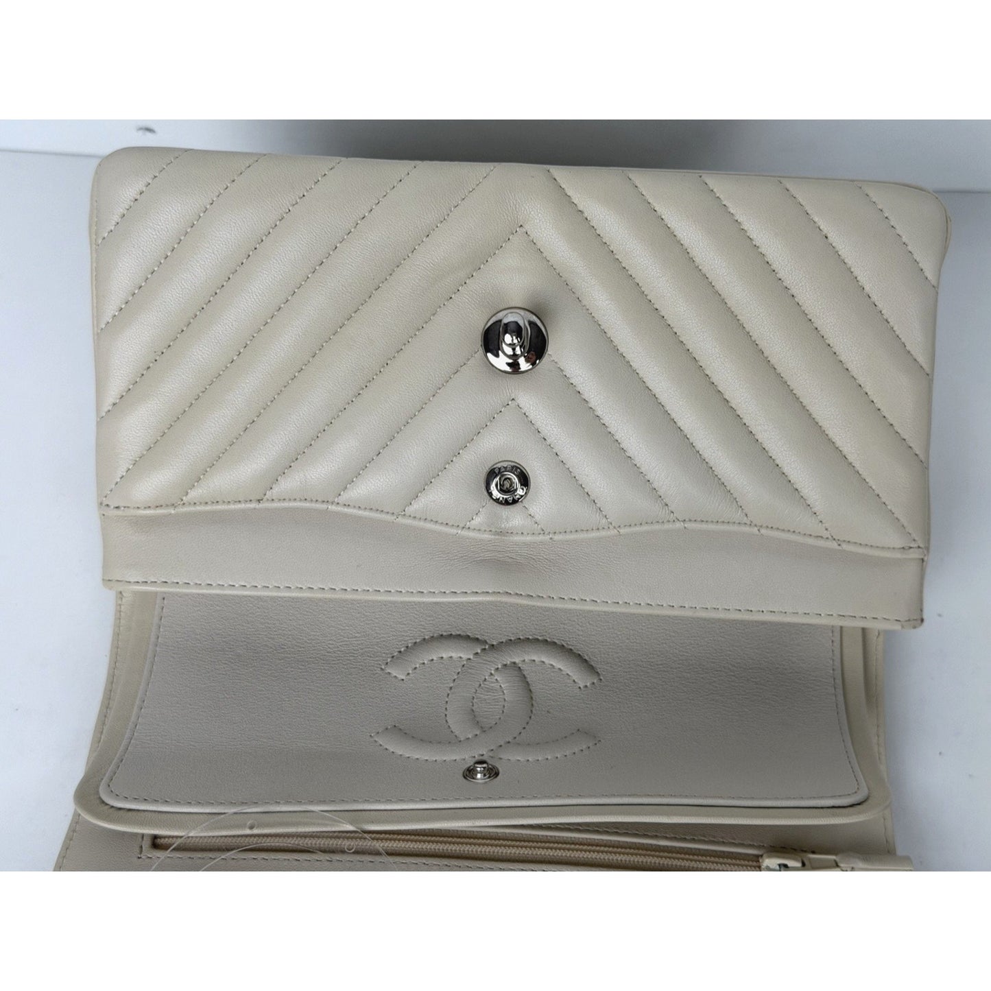 Chanel Small Classic Double Flap Shoulder Bag in Chevron Ivory Leather 2021 U2