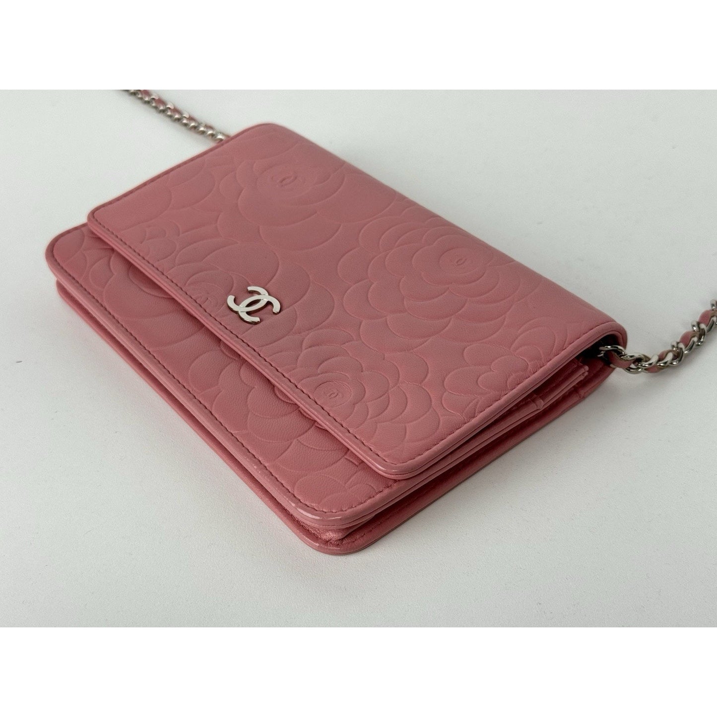 Chanel Camellia Wallet on Chain Pink Embossed Lambskin Silver Hardware B-9