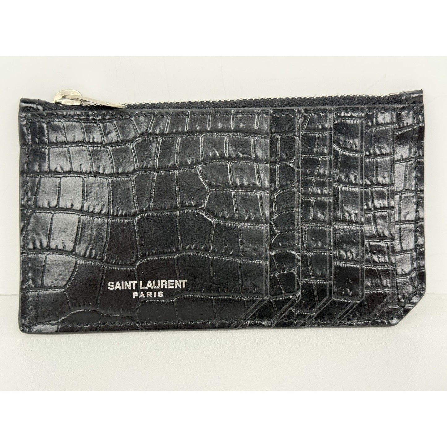 Saint Laurent Calfskin Crocodile Embossed 5 Fragments Zip Card Holder