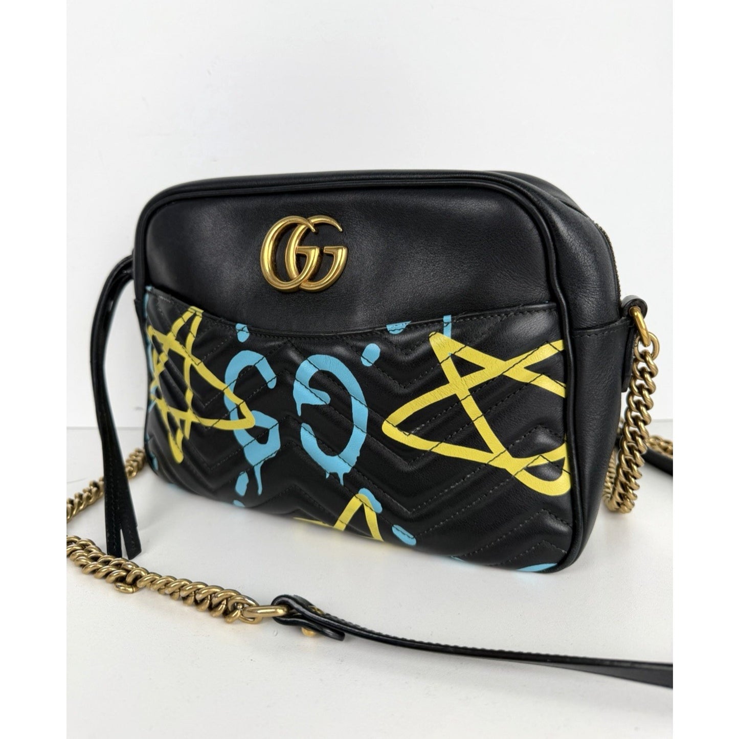 Gucci Ghost GG Marmont Camera Bag Medium in Black Leather with Graffiti Print S1