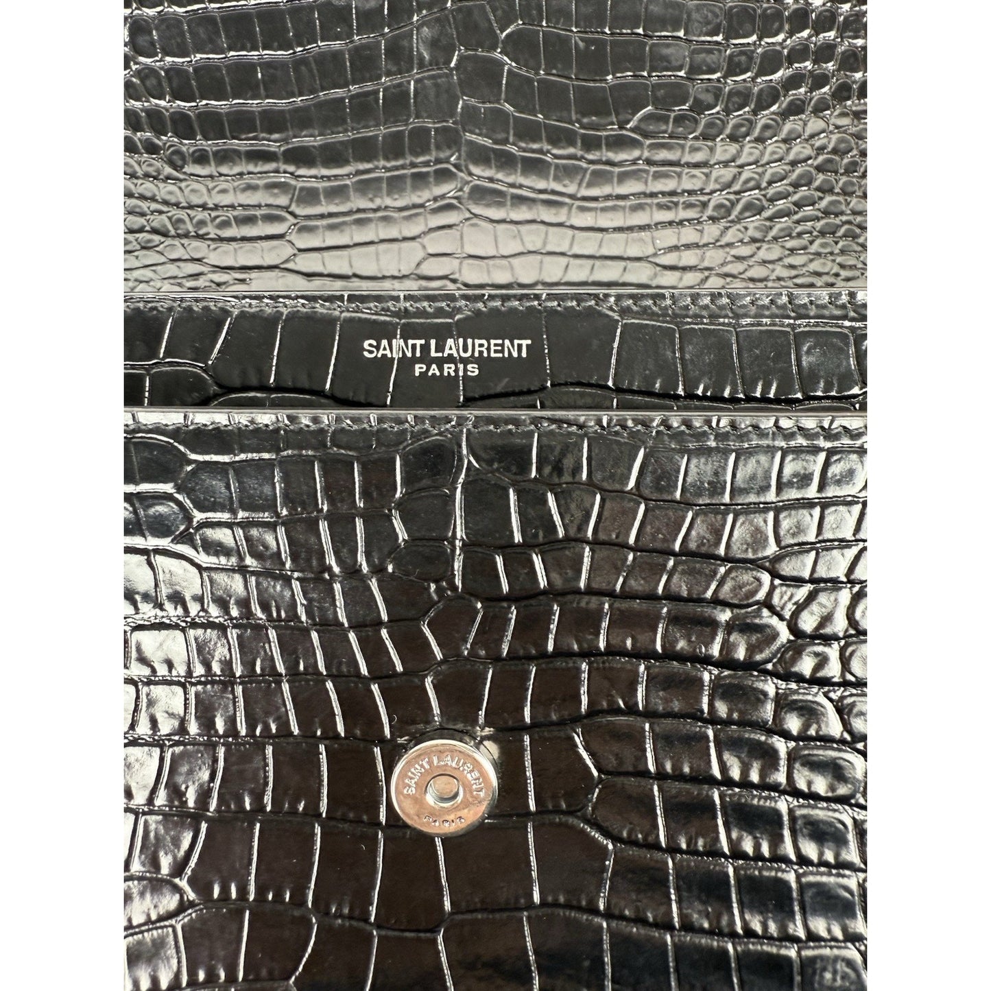 Saint Laurent Sunset Black Shiny Crocodile Embossed Leather Shoulder Bag