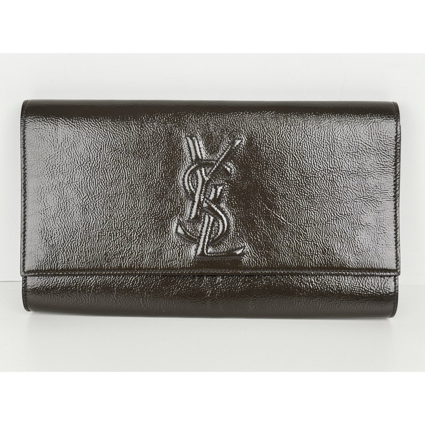 Saint Laurent Belle De Jour Patent Leather Flap Clutch Khaki w Gold Hardware C-6