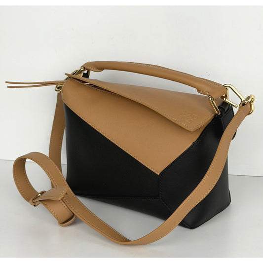 LOEWE Puzzle Edge Small Bag in Brown and Black Calfskin Leather B1