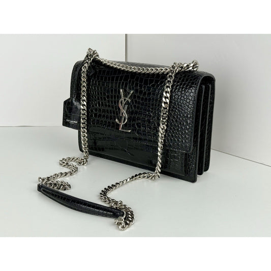 Saint Laurent Sunset Black Shiny Crocodile Embossed Leather Shoulder Bag
