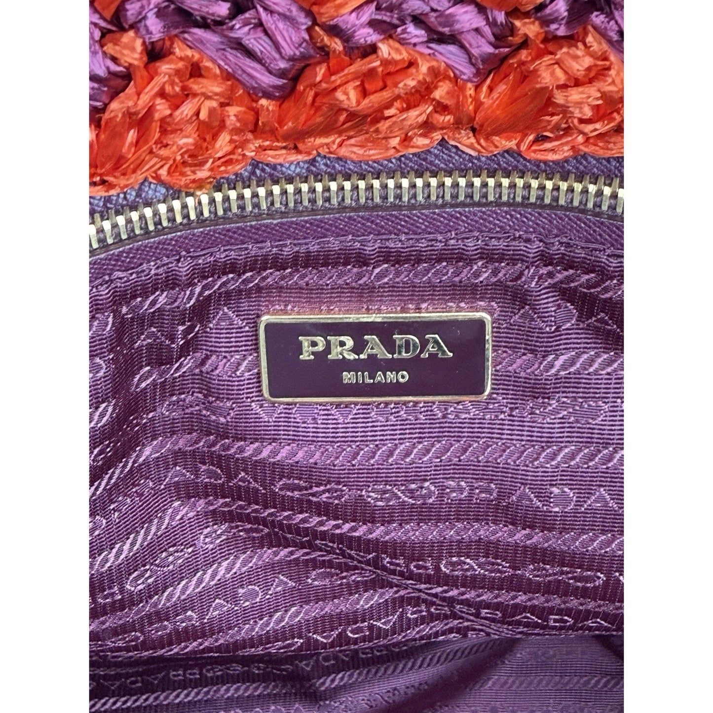 Prada Raffia Crochet Tote Bag in Striped Vibrant Orange & Rich Purple S