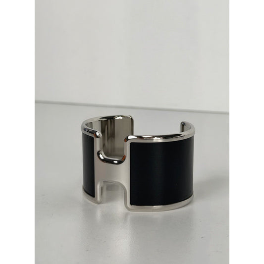 Hermes Olympe Cuff Bracelet in Black Leather and Palladium Plated Metal