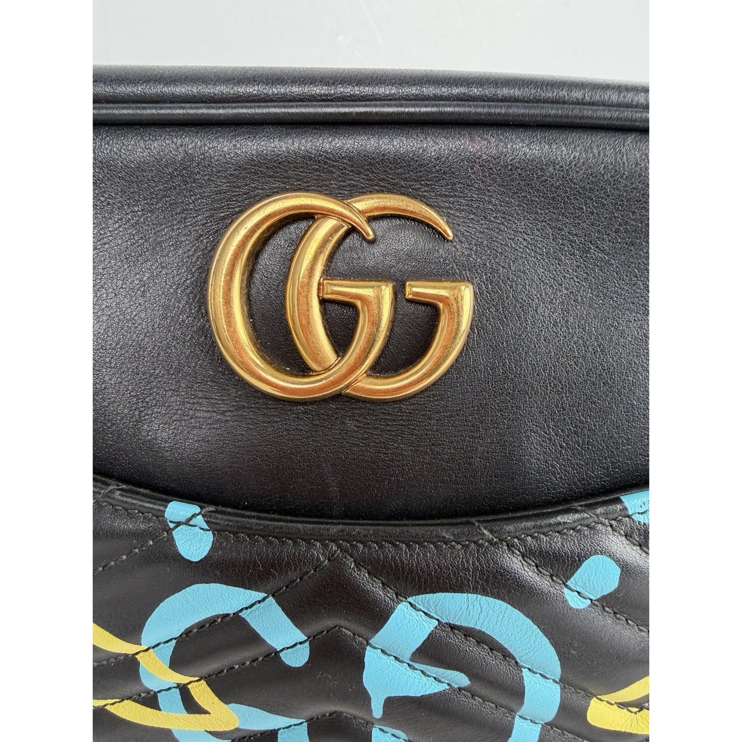 Gucci Ghost GG Marmont Camera Bag Medium in Black Leather with Graffiti Print S1