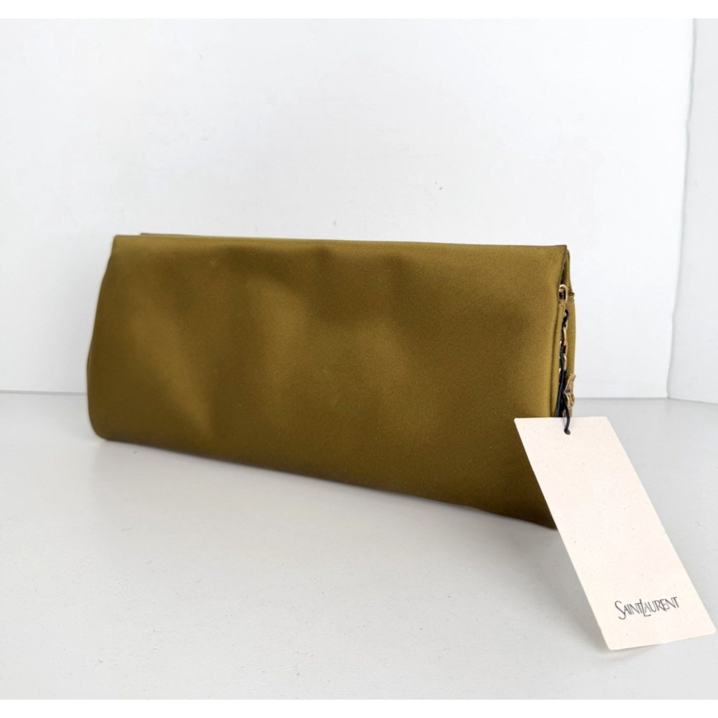 Saint Laurent Evening Soft Clutch Bag in Mustard Green Satin S-05