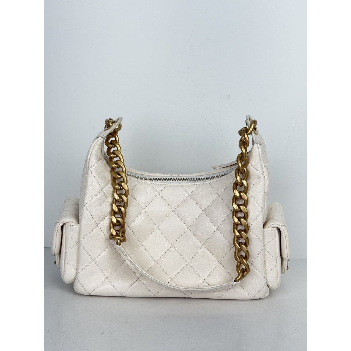Chanel Trendy Pockets Hobo Bag Medium in White Quilted Lambskin Leather NFC B7