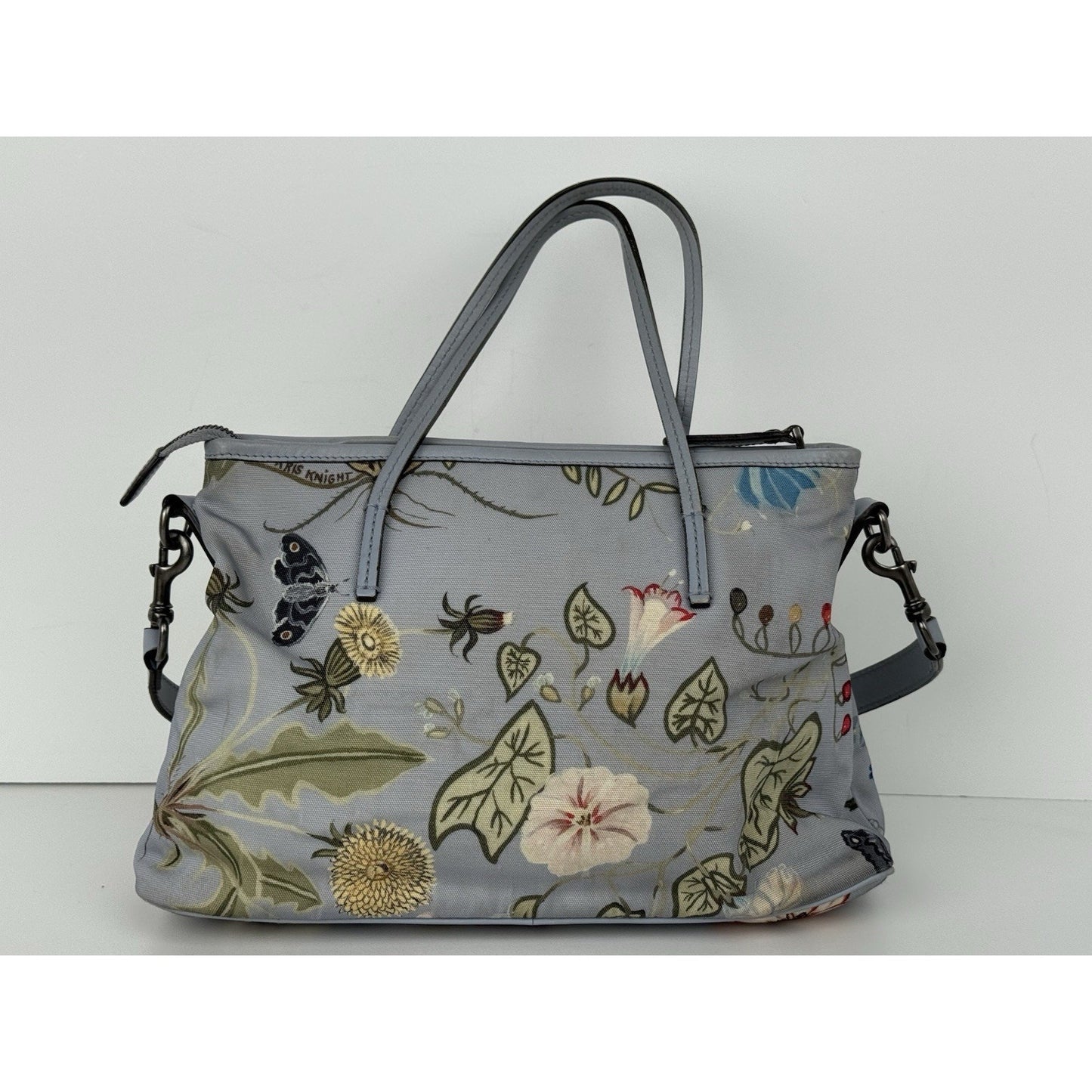 Gucci Flora Knight Zippered Tote Bag Dusty Blue Canvas with Leather Trim
