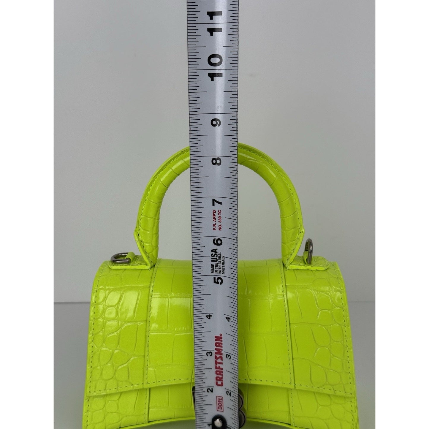 BALENCIAGA Crocodile Embossed Neon Green Leather Hourglass Top Handle Bag