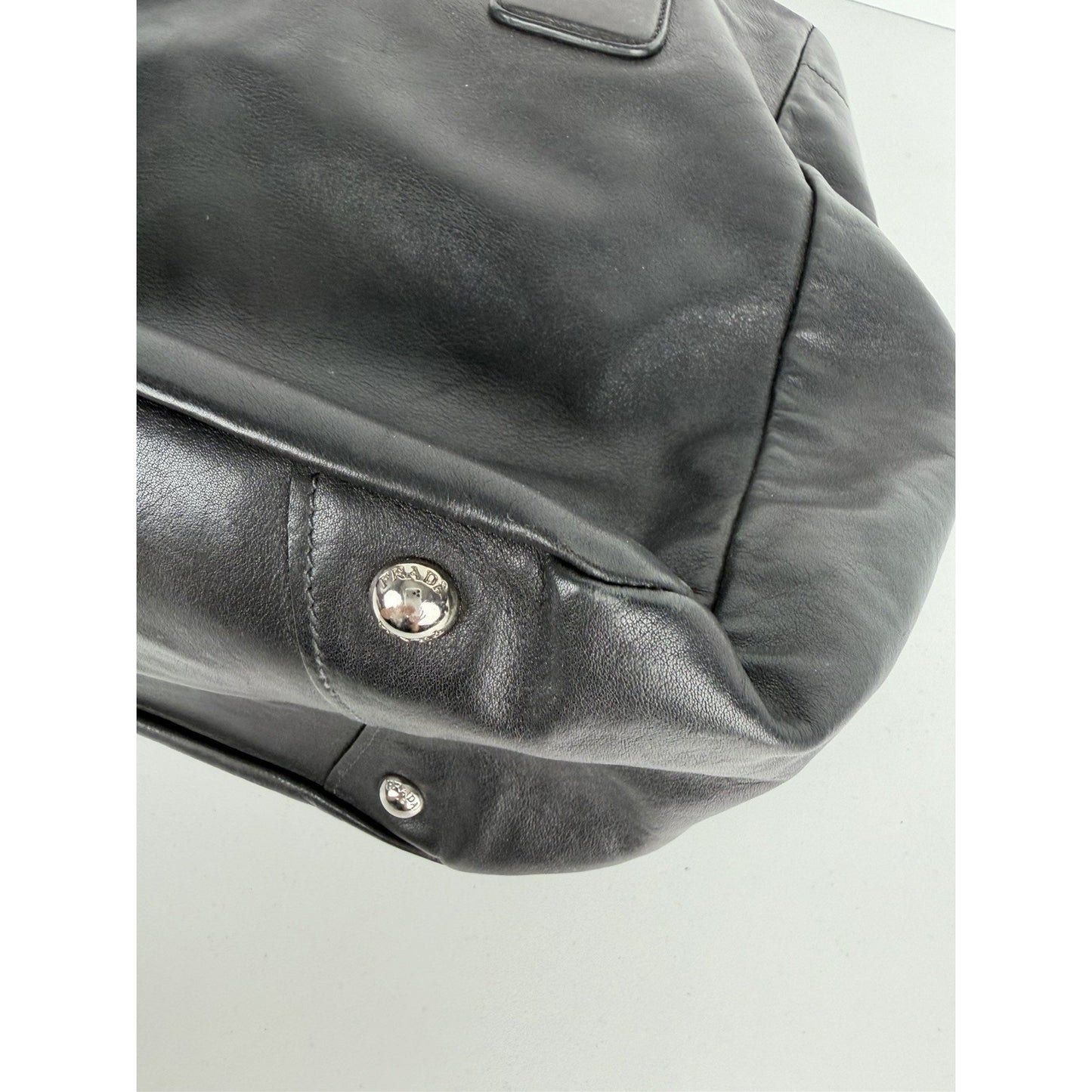 Prada Buckle L Bowler Two-Way Shoulder Bag in Black Soft Calfskin Leather S-07