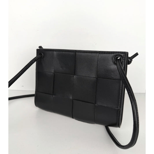 Bottega Veneta Cassette Pouch on Strap Bag Mini Black Intrecciato Leather NFC S5