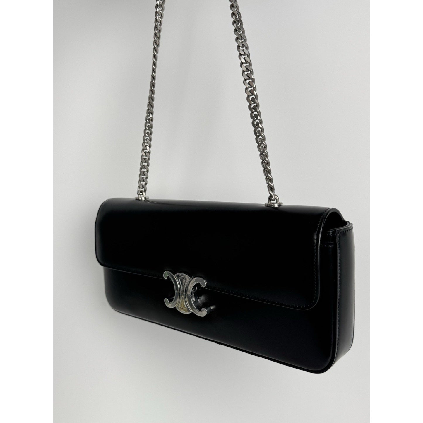 Celine Claude Chain Shoulder Bag Black Leather Triomphe Closure C-8