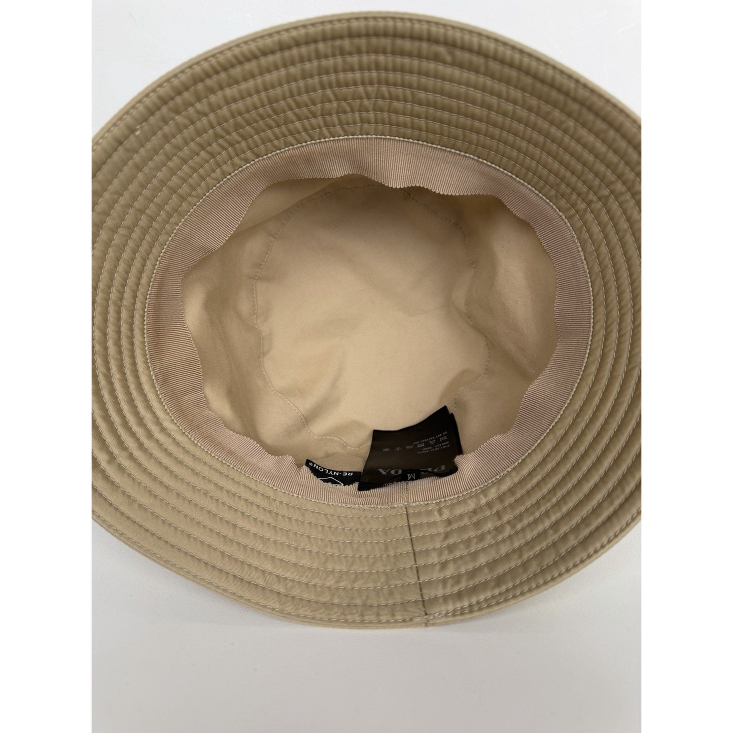 Prada Re-Nylon Bucket Hat Desert Beige & Metal Triangle Logo K3
