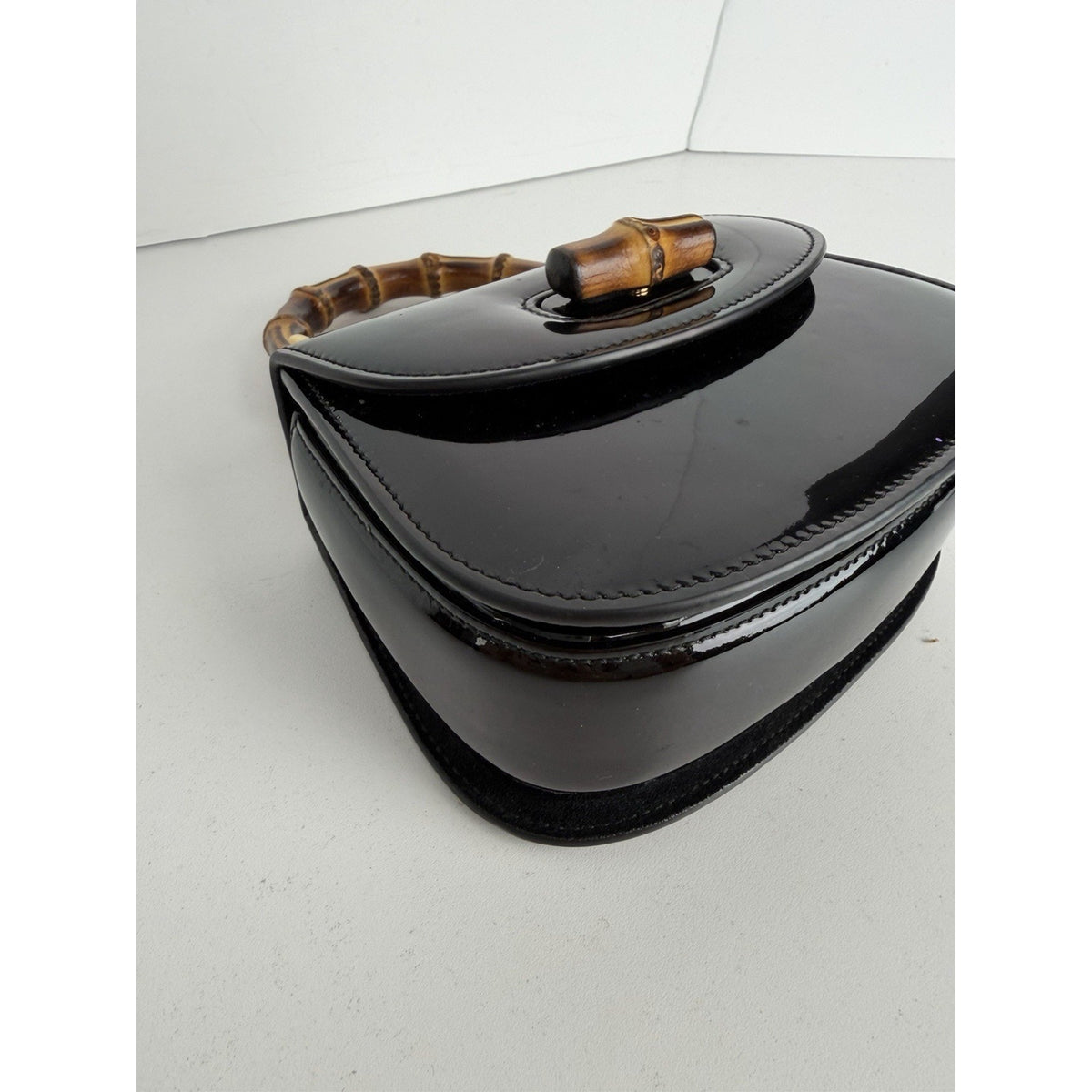 Gucci Bamboo 1947 Mini Top Handle Bag in Black Patent Leather S-19
