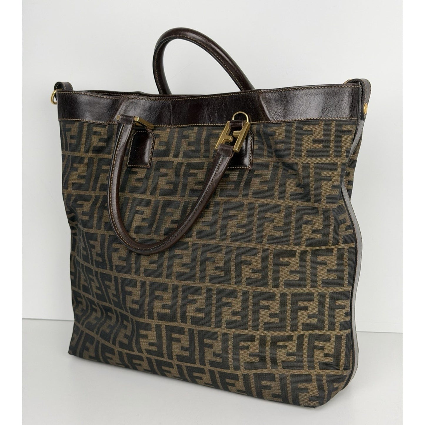 Fendi Zucca Tote Bag FF Monogram Canvas & Dark Brown Leather Trim S