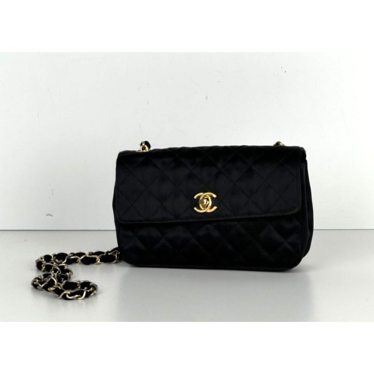 Chanel Satin Quilted CC Flap Mini Bag Vintage in Black with Gold HW E8