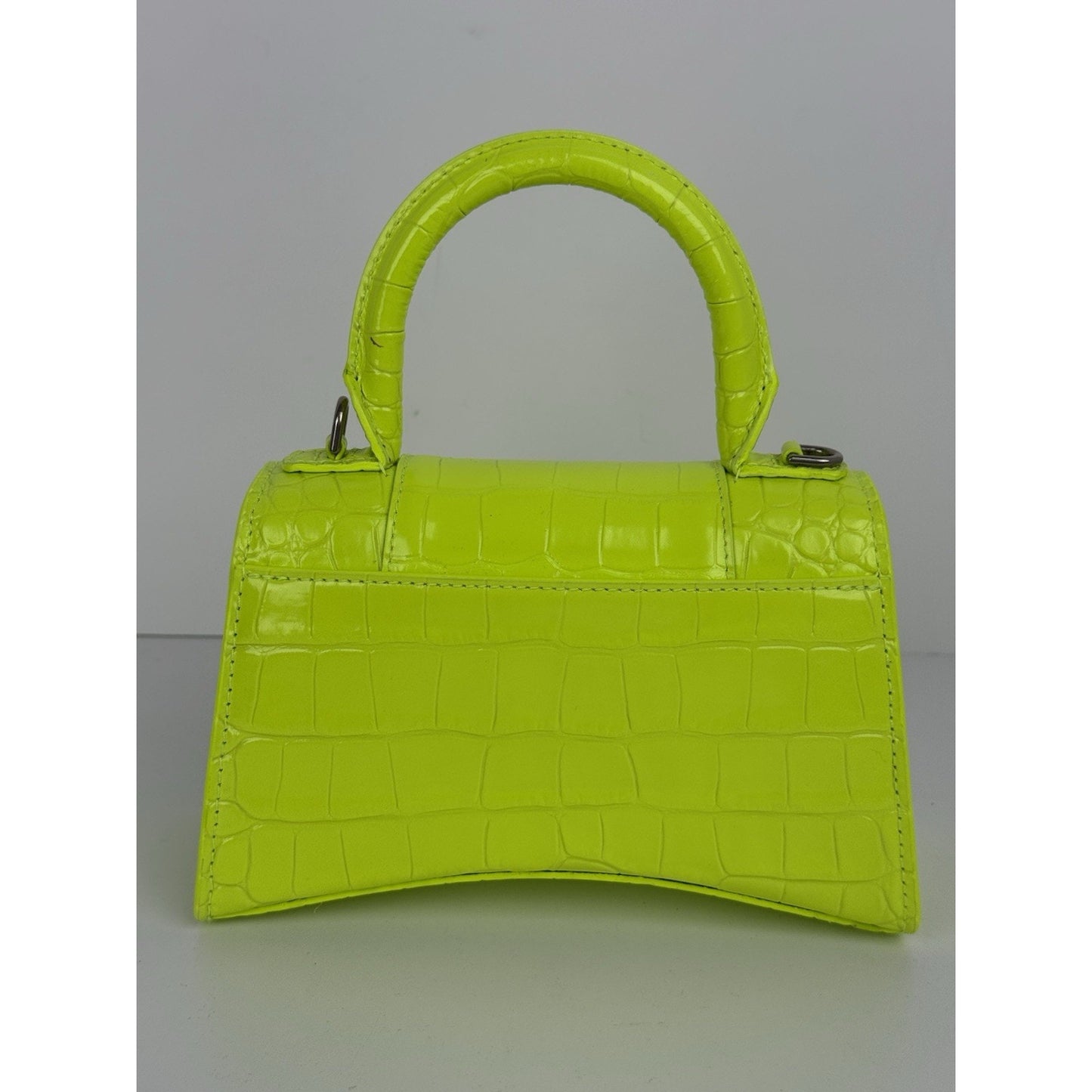 BALENCIAGA Crocodile Embossed Neon Green Leather Hourglass Top Handle Bag