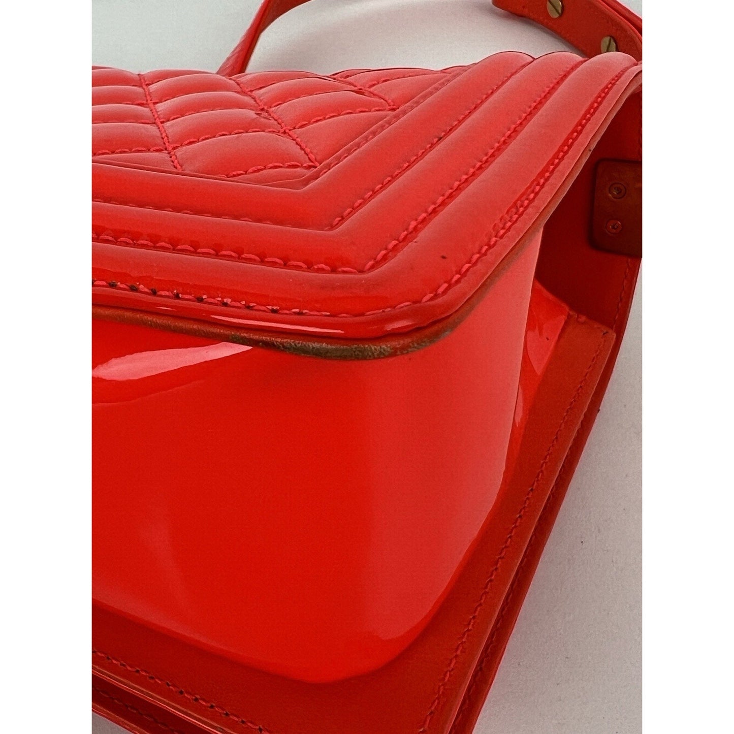 CHANEL Patent Quilted Medium Boy Flap Orange Shoulder Bag (2015-2016)